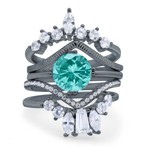 Trio Set Wedding Ring Three Piece Bridal Round Black Tone, Simulated Paraiba Tourmaline CZ