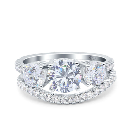 Three Stone Art Deco Wedding Piece Ring Round Simulated Cubic Zirconia