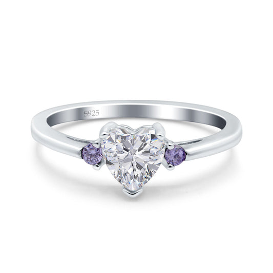 Art Deco Heart Three Stone Wedding Bridal Ring Round Amethyst Simulated Cubic Zirconia