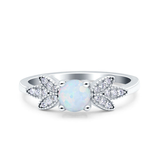 Art Deco Wedding Bridal Ring Leaf Dainty Round Lab Created White Opal