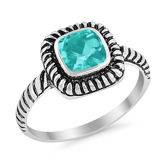 Wedding Ring Square Simulated Paraiba Tourmaline CZ Oxidized Design Ring