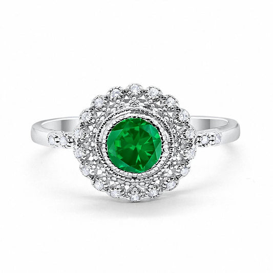 Halo Engagement Ring Bezel Round Simulated Green Emerald CZ