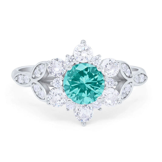 Floral Wedding Cluster Round Ring Simulated Paraiba Tourmaline CZ
