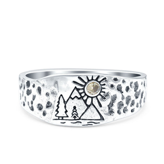 Mountains, Trees Sun Oxidized Band Thumb Ring (8mm)