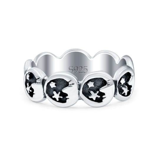 Crescent Moon & Stars Oxidized Band Thumb Ring (7mm)