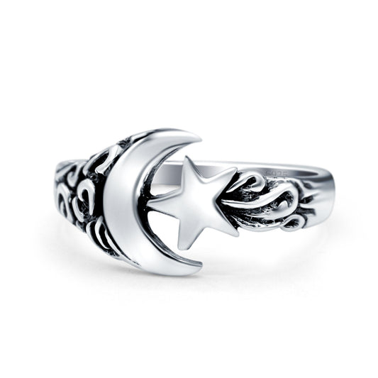 Moon & Star Oxidized Band Thumb Ring (11mm)