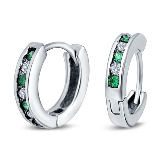 Eternity Huggie Hoop Earrings Channel Round Simulated Green Emerald Cubic Zirconiar