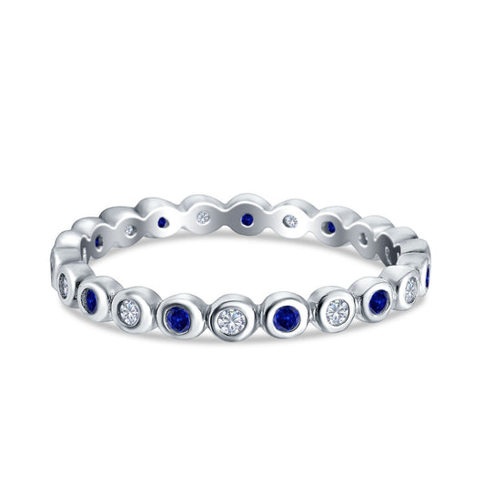 Full Eternity 2.5mm Round Blue Sapphire Cubic Zirconia Wedding Stackable Band Ring