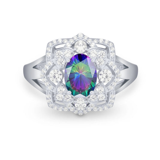 Art Deco Oval Wedding Ring Simulated Rainbow CZ