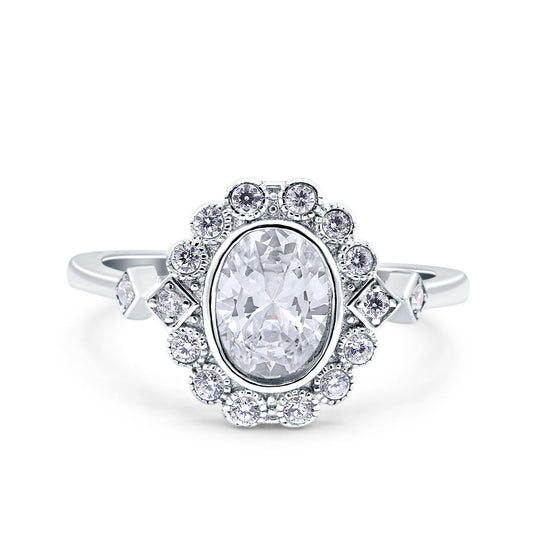 Halo Art Deco Wedding Ring Oval Simulated Cubic Zirconia