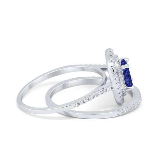 Halo Piece Oval Simulated Blue Sapphire CZ Wedding Bridal Rings
