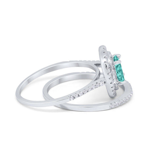 Halo Piece Oval Simulated Paraiba Tourmaline CZ Wedding Bridal Rings