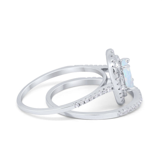 Halo Piece Oval Lab Created White Opal Wedding Bridal Rings