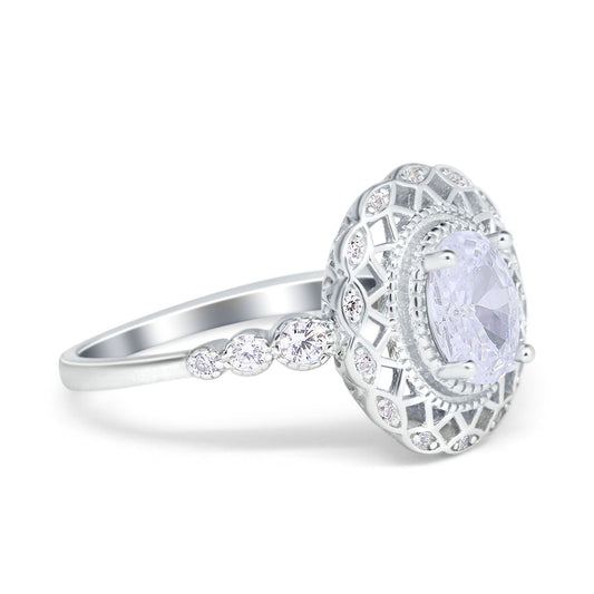 Oval Vintage Art Deco Halo Round Simulated Cubic Zirconia Wedding Bridal Ring