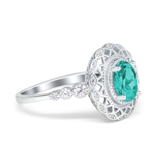 Oval Vintage Art Deco Halo Round Simulated Paraiba Tourmaline CZ Wedding Bridal Ring
