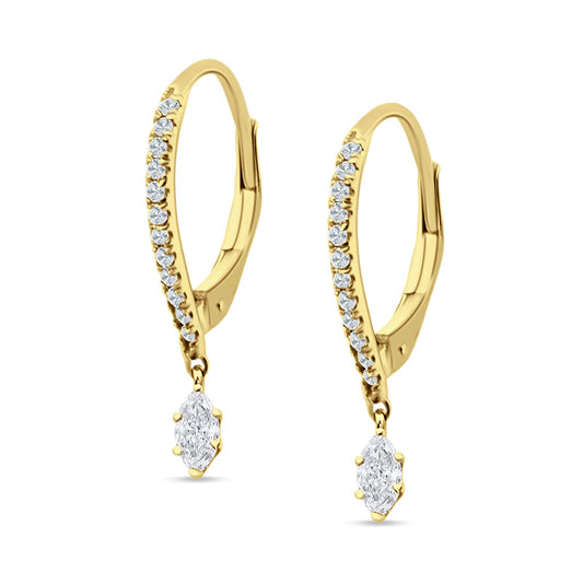 Dangle Hoop Leverback Earrings Round & Marquise CZ Yellow Tone