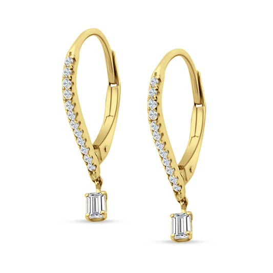 Dangle Hoop Leverback Earrings Round & Baguette CZ Yellow Tone