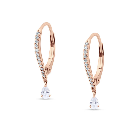Round & Pear CZ Dangle Hoop Leverback Earrings Rose Tone