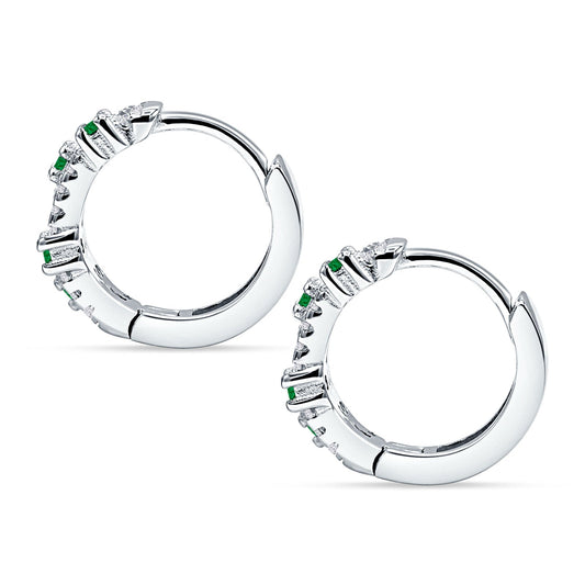 Round CZ & Green Emerald CZ Huggie Hoop Earrings