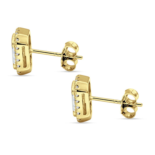 Emerald Cut CZ Halo Stud Earrings Yellow Tone