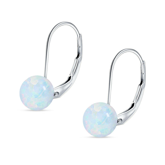Round Lab Created White Opal Leverback Earrings