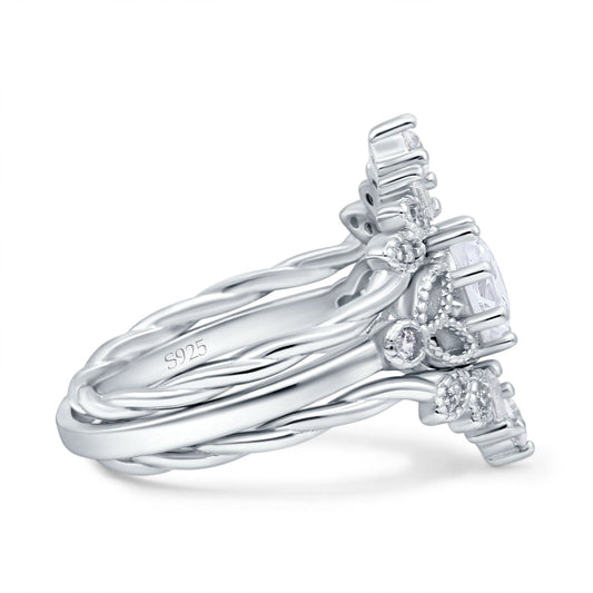 Art Deco Three Piece Wedding Bridal Set Ring Round Simulated Cubic Zirconia