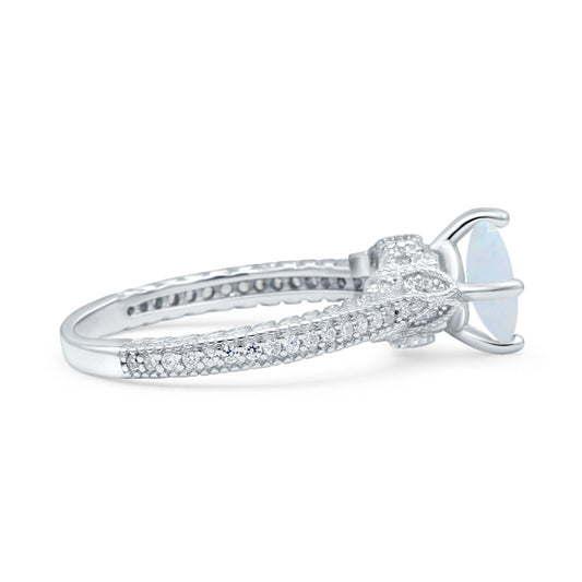 Art Deco Wedding Bridal Ring Round Lab Created White Opal