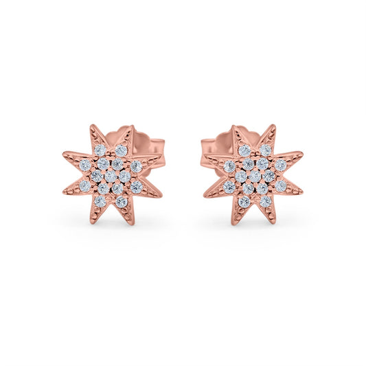 Starburst Round Rose Tone, Simulated CZ Stud Earrings