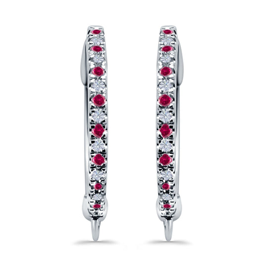 Half Eternity Hoop Earrings Round Simulated Ruby CZ (14mm)