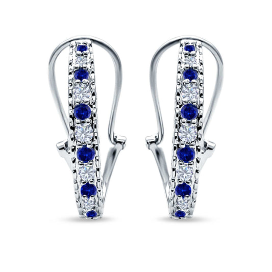 Half Eternity Heart Huggie Hoop Earrings Round Simulated Blue Sapphire CZ (18mm)