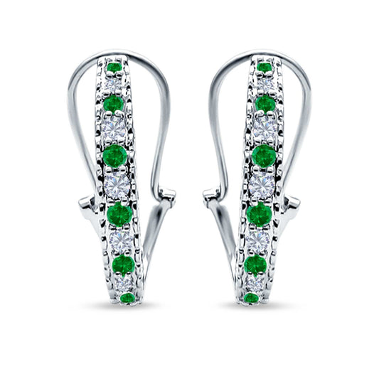 Half Eternity Heart Huggie Hoop Earrings Round Simulated Green Emerald CZ (18mm)