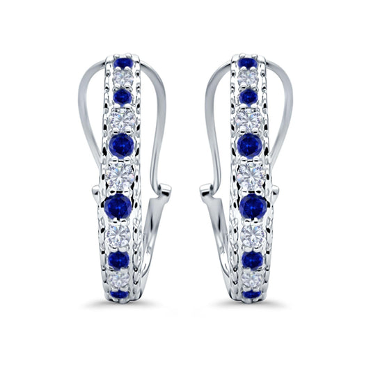 Half Eternity Huggie Hoop Earrings Round Simulated Blue Sapphire CZ (18mm)