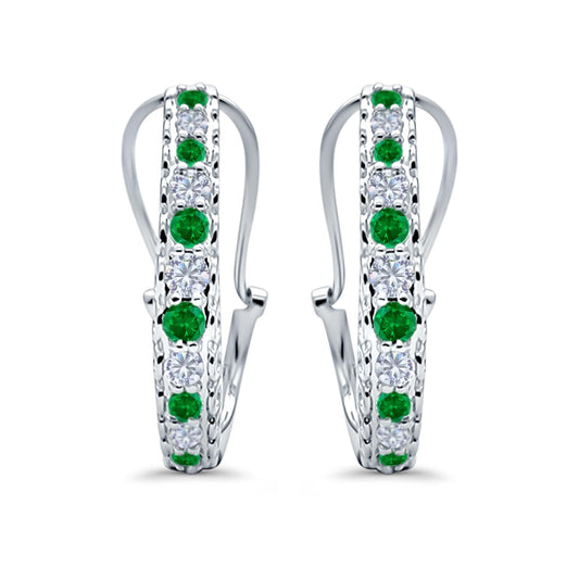 Half Eternity Huggie Hoop Earrings Round Simulated Green Emerald CZ (18mm)
