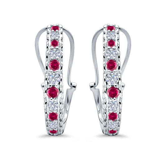 Half Eternity Huggie Hoop Earrings Round Simulated Ruby CZ (18mm)