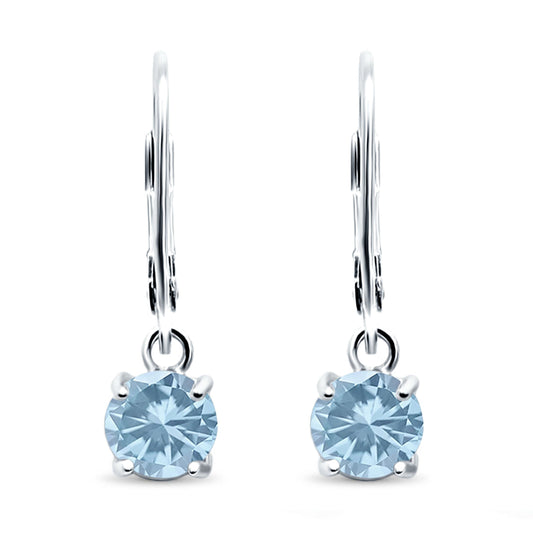 Lever Back Earring Round Simulated Aquamarine CZ (2mm-10mm)