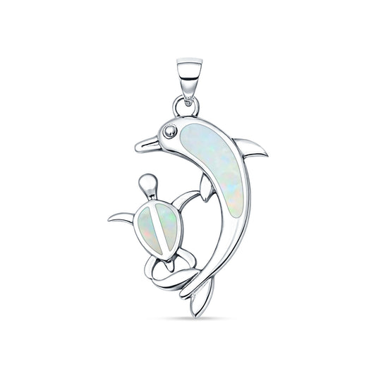 Lab Created White Opal Dolphin Turtle Pendant
