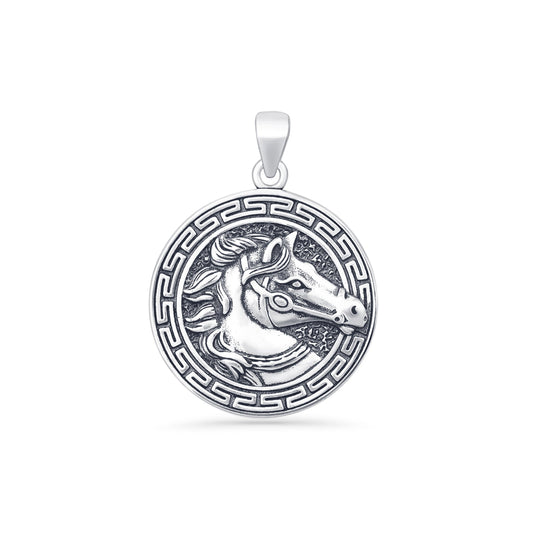 Oxidized Horse Greek Key Pendant