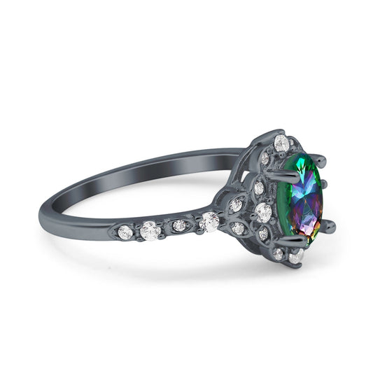 Oval Accent Vintage Black Tone, Simulated Rainbow CZ Engagement Ring