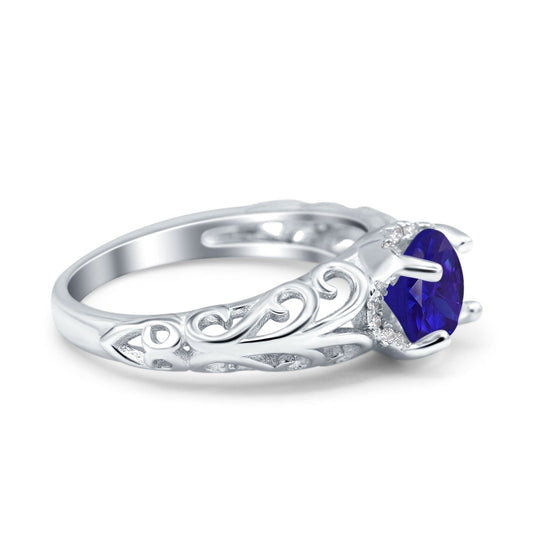Art Deco Filigree Wedding Engagement Bridal Ring Round Simulated Blue Sapphire CZ