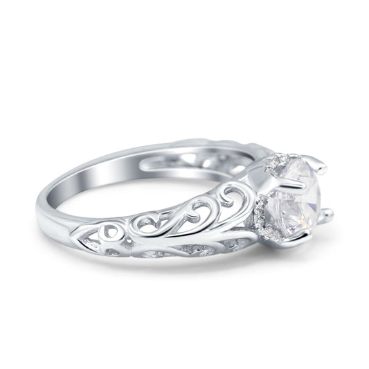 Art Deco Filigree Wedding Engagement Bridal Ring Round Simulated Cubic Zirconia