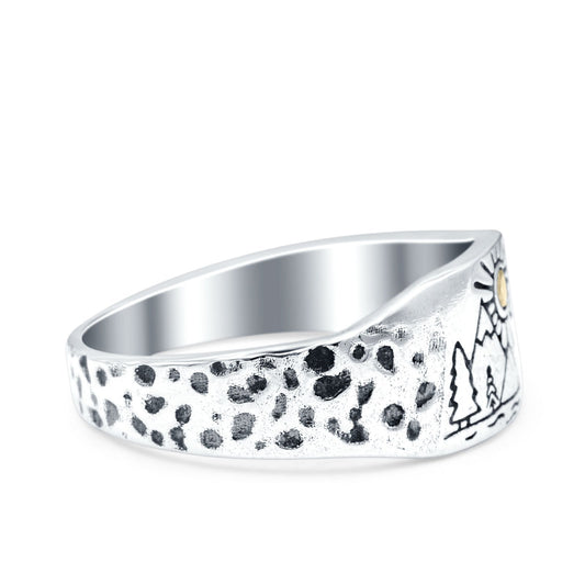 Mountains, Trees Sun Oxidized Band Thumb Ring (8mm)