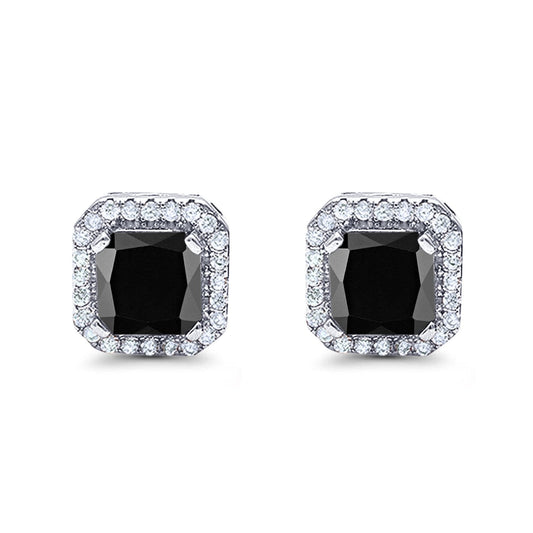 Halo Stud Earrings Wedding Princess Cut Simulated Black CZ