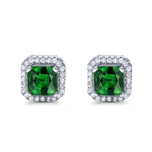 Halo Stud Earrings Wedding Princess Cut Simulated Green Emerald CZ