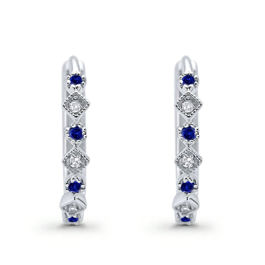 Art Deco Huggie Hoop Earrings Round Simulated Blue Sapphire CZ (18mm)