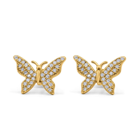 Butterfly Stud Earrings Yellow Tone, Simulated CZ (14mm)