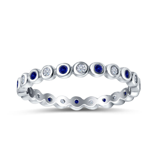 Full Eternity 2.5mm Round Blue Sapphire Cubic Zirconia Wedding Stackable Band Ring