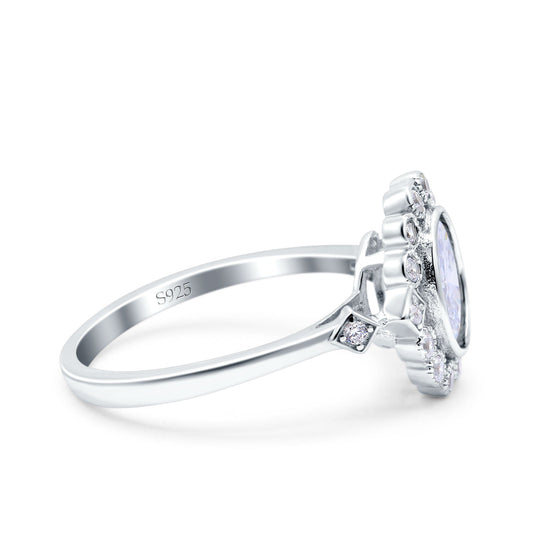 Halo Art Deco Wedding Ring Oval Simulated Cubic Zirconia