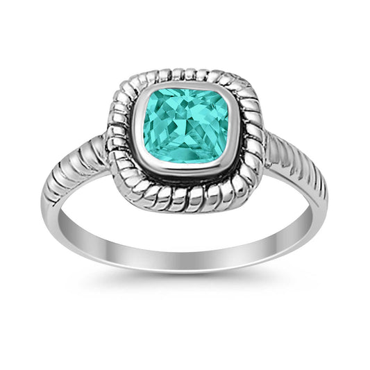 Wedding Ring Square Simulated Paraiba Tourmaline CZ Oxidized Design Ring