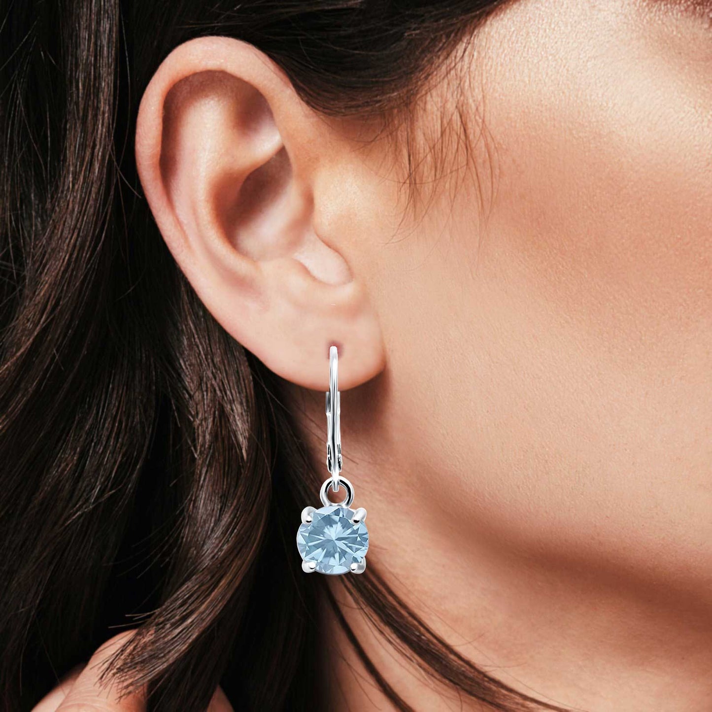Lever Back Earring Round Simulated Aquamarine CZ (2mm-10mm)