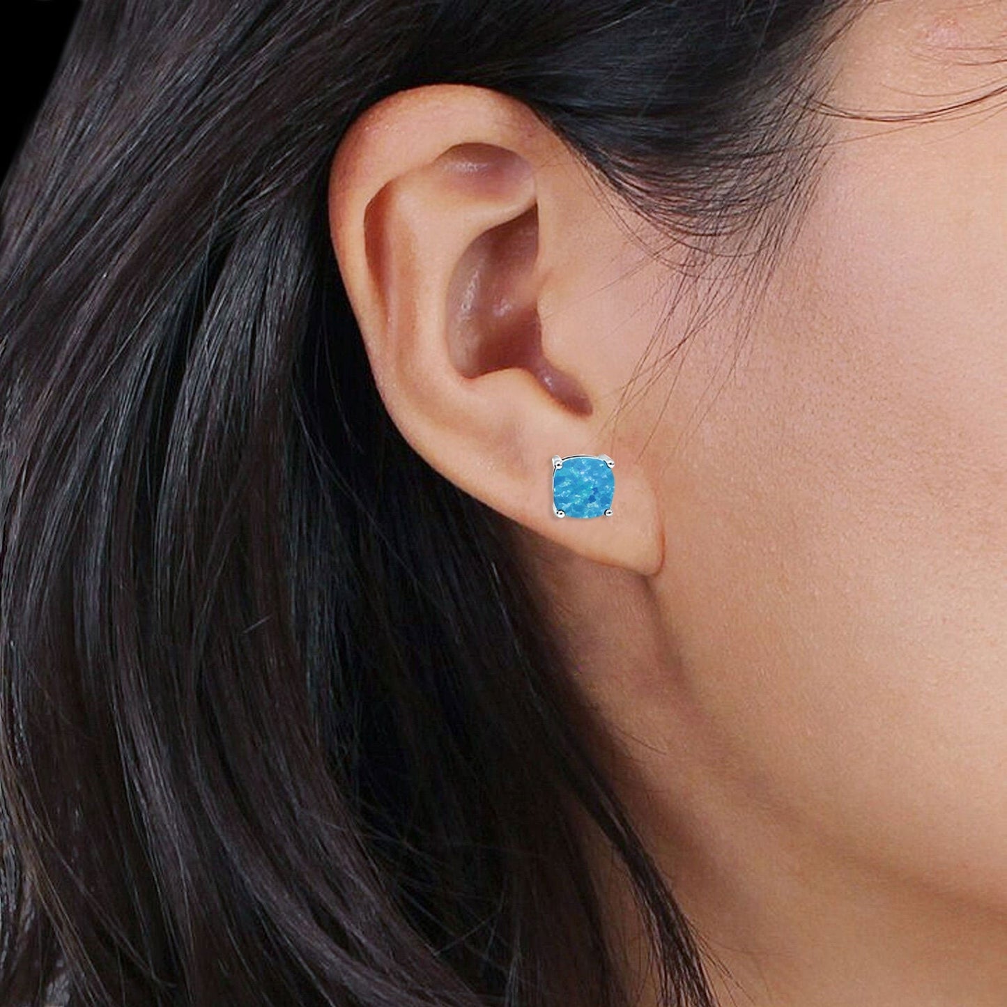 Cushion Stud Solitaire Lab Created Blue Opal Earring